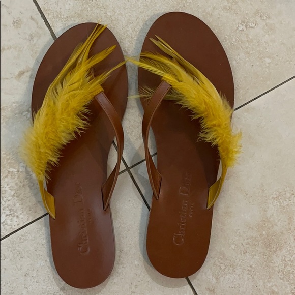 Dior Brown Leather & Yellow Ethnie Feather Flats - Picture 2 of 7